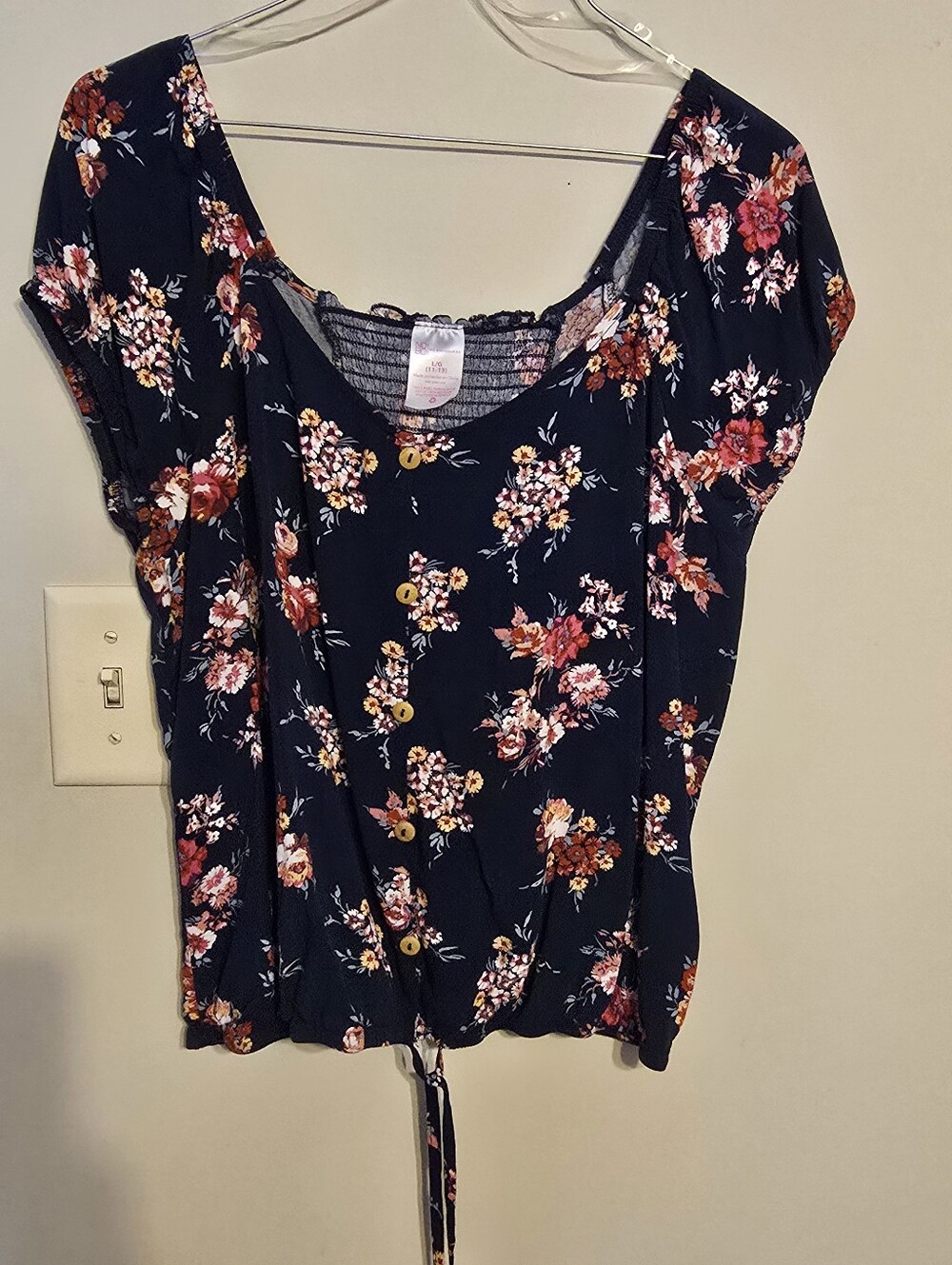 No Boundaries Navy Floral Button-Front Tie-Hem Top